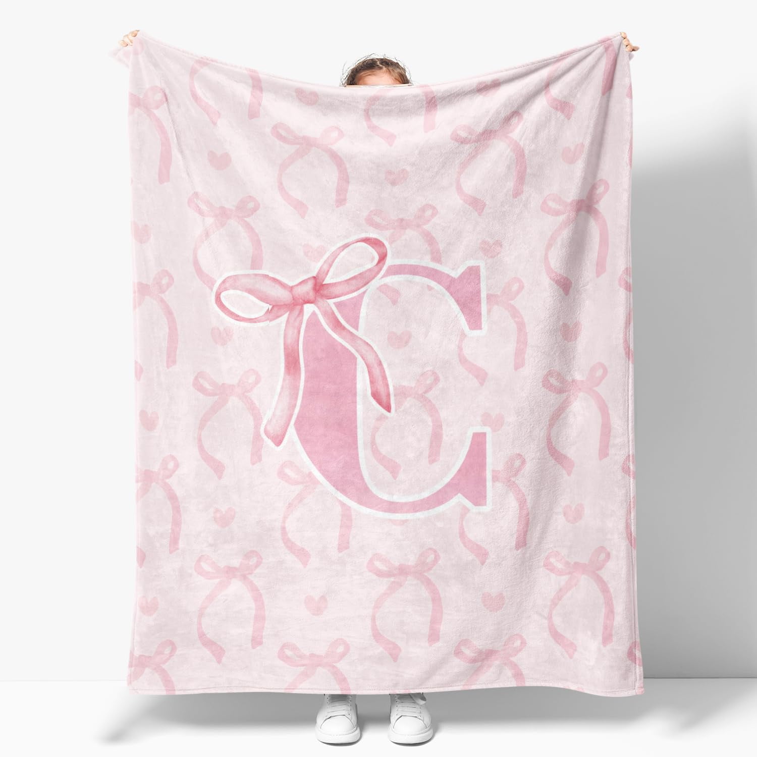 Coquette Pink Bow Blanket,Personalized Initial C Soft Fluffy Cozy Flannel Blanket,Monogrammed Gifts for Daughter Women Teen Women,Customized Blanket for Bedding Bedroom Office,50x60 Inches