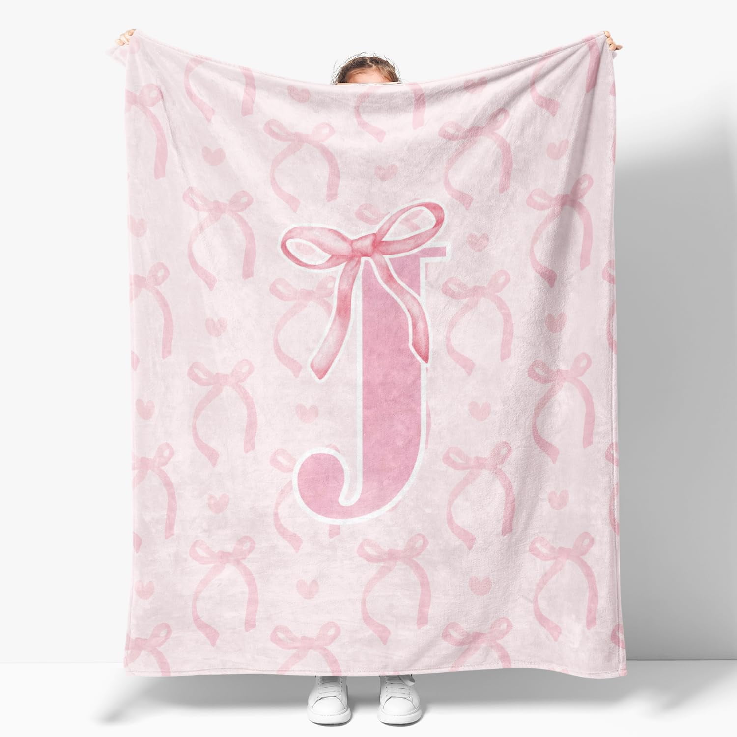 Coquette Pink Bow Blanket,Personalized Initial J Soft Fluffy Cozy Flannel Blanket,Monogrammed Gifts for Daughter Women Teen Women,Customized Blanket for Bedding Bedroom Office,50x60 Inches