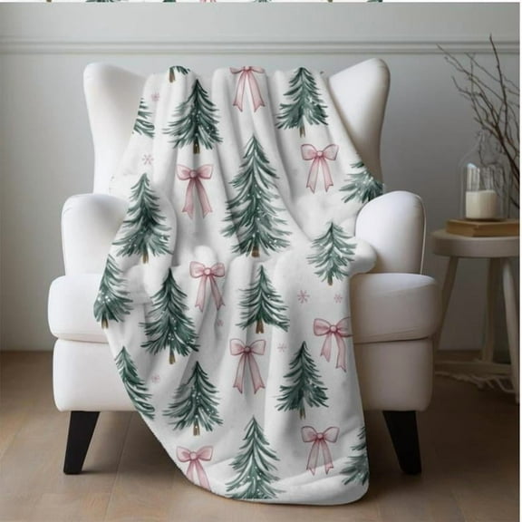 Coquette Pink Bow Blanket Tree Flannel Throw Pink Bows Holiday Bedding Gift For Family Friends Host Coworker, Blanket, Gift, Thanksgiving Blanket, Gift For Men & Women, Gift For Kids