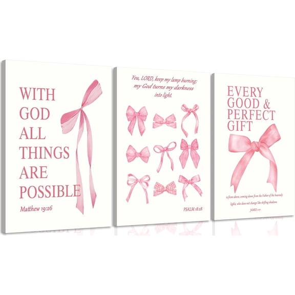 Coquette Pink Bow Canvas Wall Art Inspirational Bible Verses Paintings Prints Christian Psalms Scripture Wall Decor Trendy Aesthetic Apartment Posters for living Room Bedroom (only canvas)