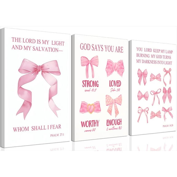 Coquette Pink Bow Canvas Wall Art Set of 3, Inspirational Bible Verses Decor Posters Pictures Prints Aesthetic for Girls Room College Apartment Living Room Bedroom Framed 12x16 Inch