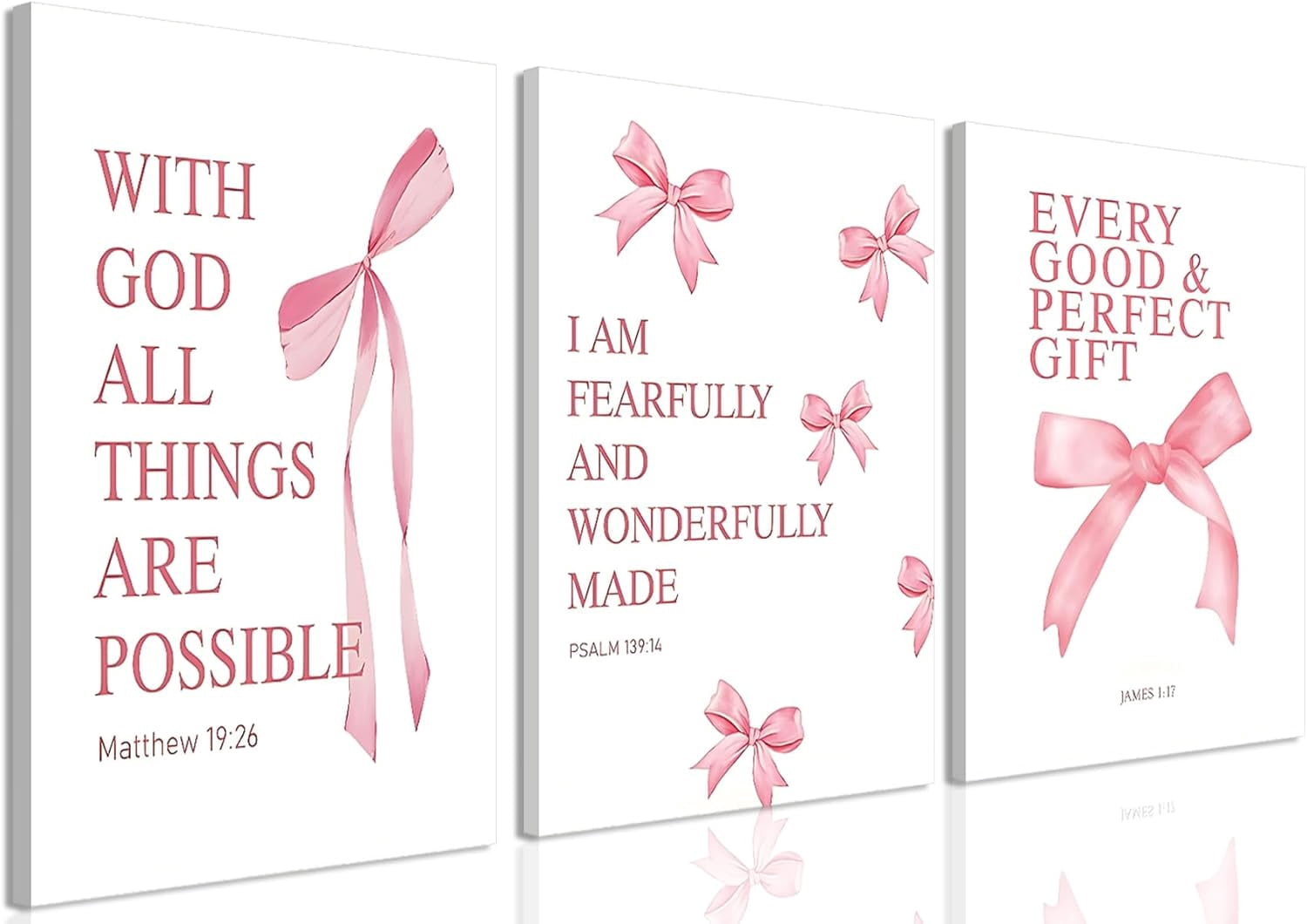 Coquette Pink Bow Canvas Wall Art Set of 3, Inspirational Bible Verses Decor Posters Pictures Prints Aesthetic for Girls Room College Apartment Living Room Bedroom Framed 12x16 Inch