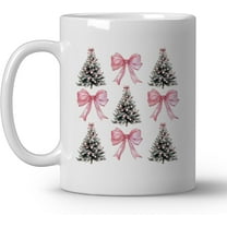 Coquette Pink Bow Christmas Tree Coffee Mugs, Merry Christmas Ceramic Coffee Mug, Pink Xmas Coffee Cup, Christmas Holiday Drinking Party Mugs for Table Decortaions, 11oz Ceramic Cup White