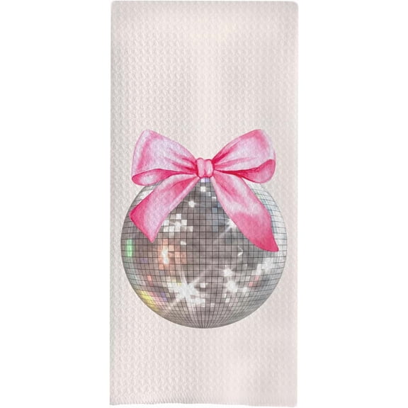 Coquette Pink Bow Disco Ball Kitchen Towels, Pink Preppy Hand Towels for Bathroom, Preppy Coquette Bathroom Decor, Pink Bow Dish Towels Tea Towels for Kitchen, 16x24 Inches, White