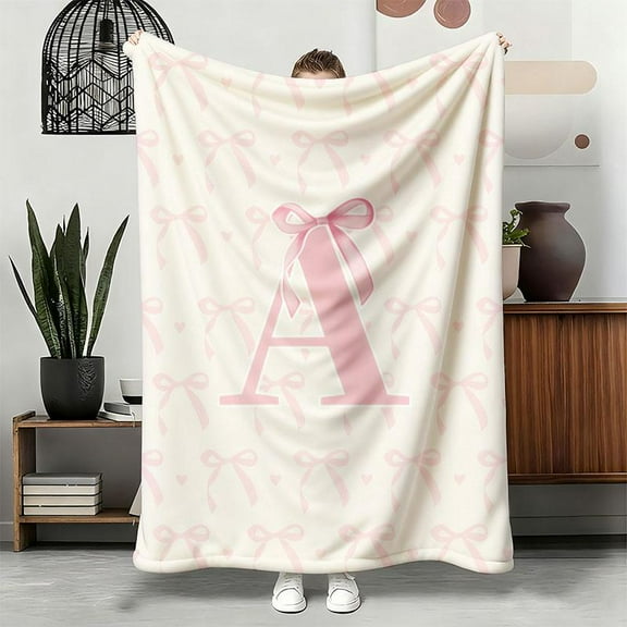 Coquette Pink Bow Fluffy Blanket,Personalized Initial S Soft Flannel Throw,Monogrammed Gift for Daughter Women Teens,Custom Bedding for Bedroom Office,Cute Girl Gift
