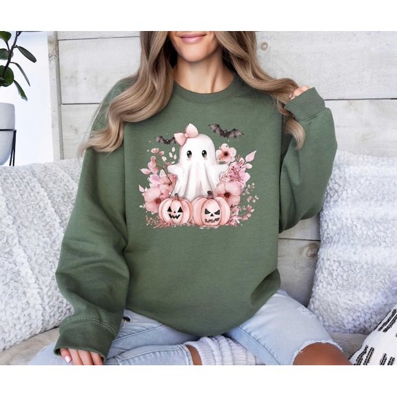 Coquette Pink Bow Ghost Sweatshirt, Cute Ghost Tee, Pink Coquette Halloween T-Shirt, Pink Spooky Sweatshirt, Spooky Season Sweatshirt, Halloween
