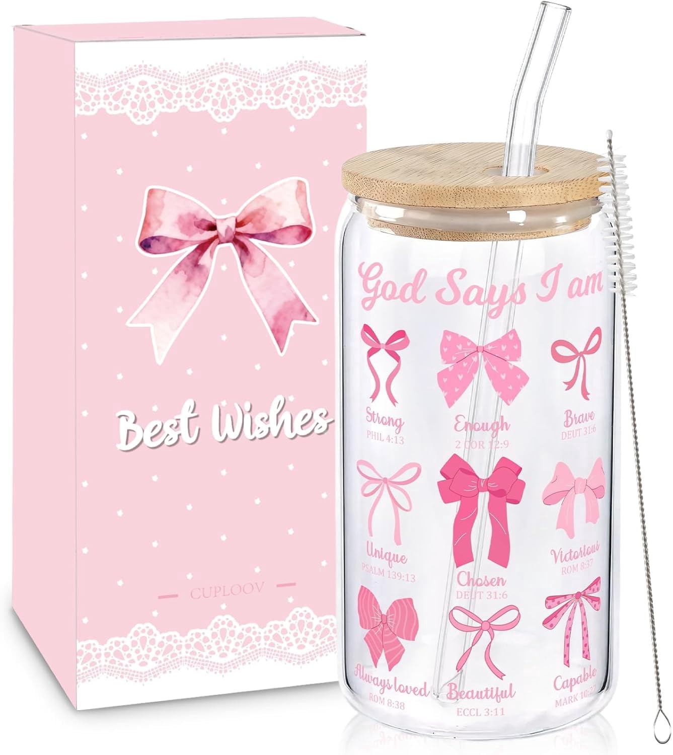 Coquette Pink Bow Glass Cup with Lid and Straw, 16 Oz Cute Glass Coffee ...