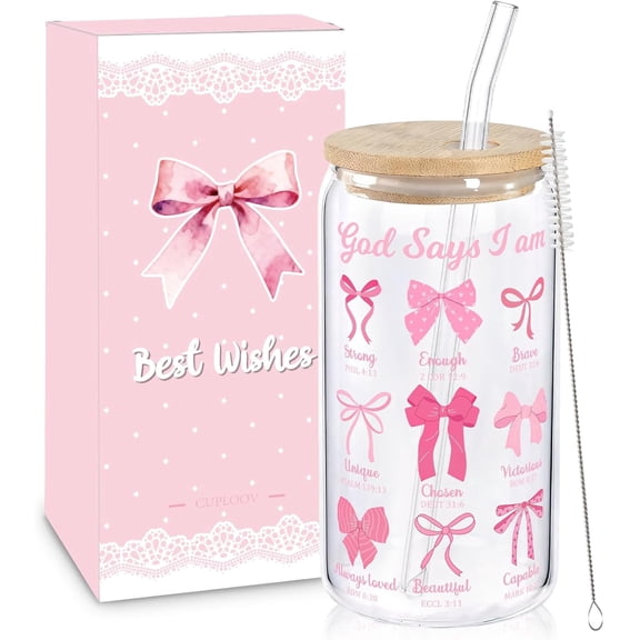 Coquette Pink Bow Glass Cup with Lid and Straw, 16 Oz Cute Glass Coffee Cup Featuring Inspirational Bible Verse, Girly Preppy Design Aesthetic Iced Coffee Tumbler Perfect Gifts for Teen Girls Women