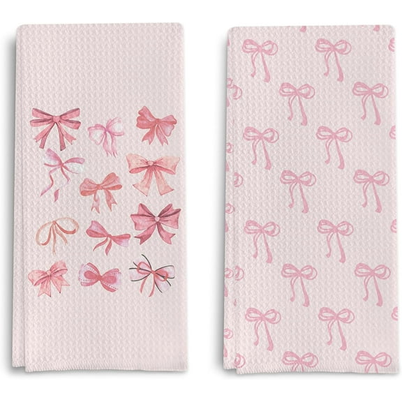 Coquette Pink Bow Kitchen Towels Set of 2-Pink Bow Cherry Kitchen Decor,Pink Kitchen Accessories,Pink Kitchen Decor,Pink Bow Decor,Pink Bow Dish Tea Towels,18x26 Inches