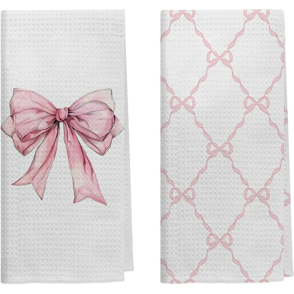Coquette Pink Bow Kitchen Towels Set of 2, Preppy Pink Ribbon Pattern Hand Towels for Bathroom, Girly Coquette Bathroom Decor, Bow Aesthetic Dish Tea Towels for Kitchen, 16x24 inches