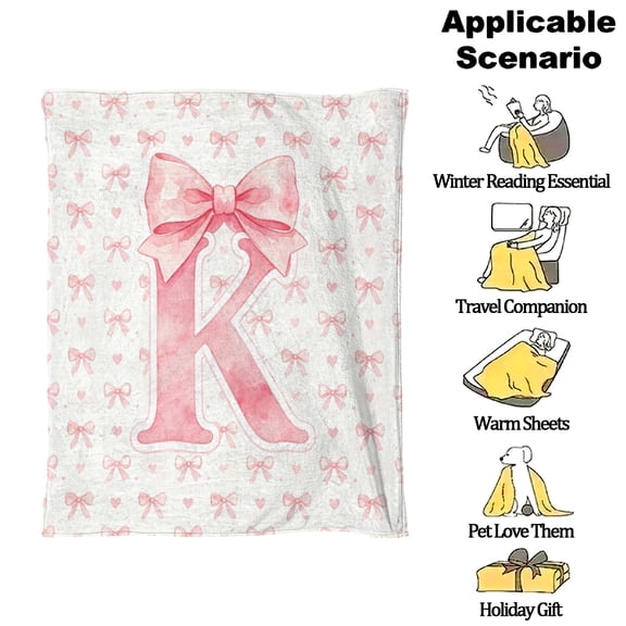 Coquette Pink Bow Letter Initial K Throw Blanket for Women Coquette Room Decor for Bedroom Dorm, Soft Flannel Blanket for Couch Bed, Cute Monogrammed Gifts for Women 30*40IN