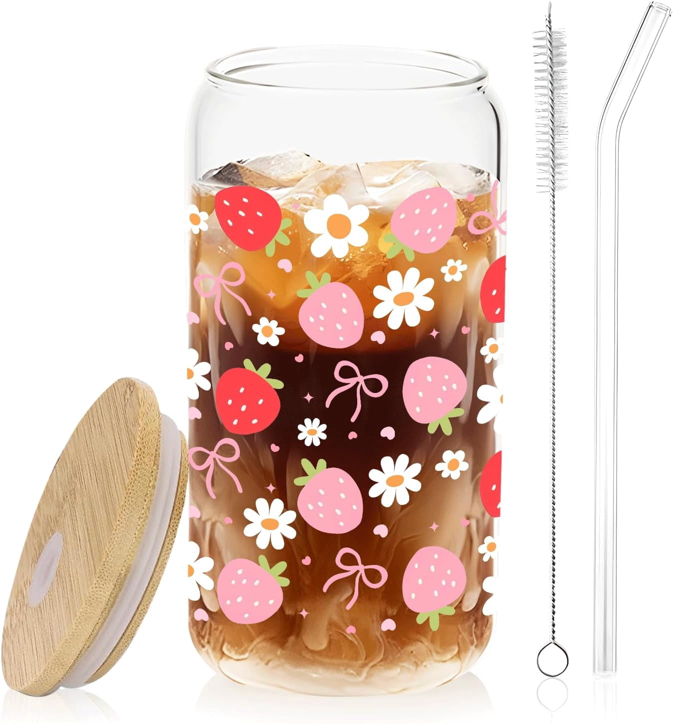 Coquette Pink Bow Strawberry Glass Cup with Lids and Straws 16oz, Cute ...