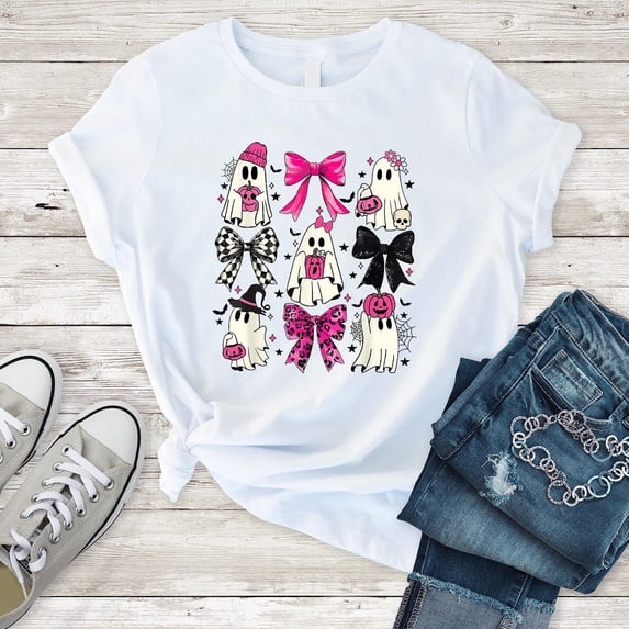 Coquette Pink Bow T-Shirt, Coquette Spooky Shirt, Preppy Fall Shirt, Pink Girly Bow Tee, Cute Bow Ghost Tee All Size S-5Xl