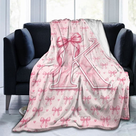 Coquette Pink Bow Throw Blanket, Letter K Design, Soft Fluffy Cozy Flannel Blanket, Gift for Daughter & Women, Bedroom, Office Decor 50x40