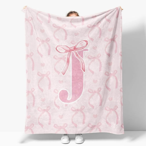 Coquette Pink Bow Throw Blanket, Personalized Initial Alphabet Fluffy Cozy Flannel Blanket, Monogrammed Gifts for Women, Unique Customized Blanket for Her Girls Christmas Birthday