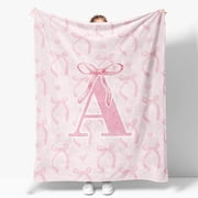 Coquette Pink Bow Throw Blanket, Personalized Initial Alphabet Fluffy Cozy Flannel Blanket, Monogrammed Gifts for Women, Unique Customized Blanket for Her Girls Christmas Birthday