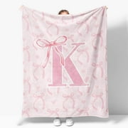 Coquette Pink Bow Throw Blanket, Personalized Initial Alphabet Fluffy Cozy Flannel Blanket, Monogrammed Gifts for Women, Unique Customized Blanket for Her Girls Christmas Birthday