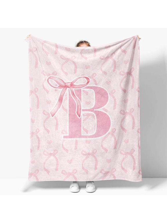 Coquette Pink Bow Throw Blanket, Personalized Initial Alphabet Fluffy Cozy Flannel Blanket, Monogrammed Gifts for Women, Unique Customized Blanket for Her Girls Christmas Birthday