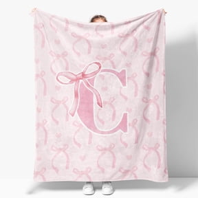 Coquette Pink Bow Throw Blanket, Personalized Initial Alphabet Fluffy Cozy Flannel Blanket, Monogrammed Gifts for Women, Unique Customized Blanket for Her Girls Christmas Birthday