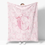 Coquette Pink Bow Throw Blanket, Personalized Initial Alphabet Fluffy Cozy Flannel Blanket, Monogrammed Gifts for Women, Unique Customized Blanket for Her Girls Christmas Birthday