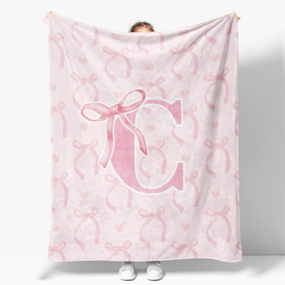 Coquette Pink Bow Throw Blanket, Personalized Initial Alphabet Fluffy Cozy Flannel Blanket, Monogrammed Gifts for Women, Unique Customized Blanket for Her Girls Christmas Birthday