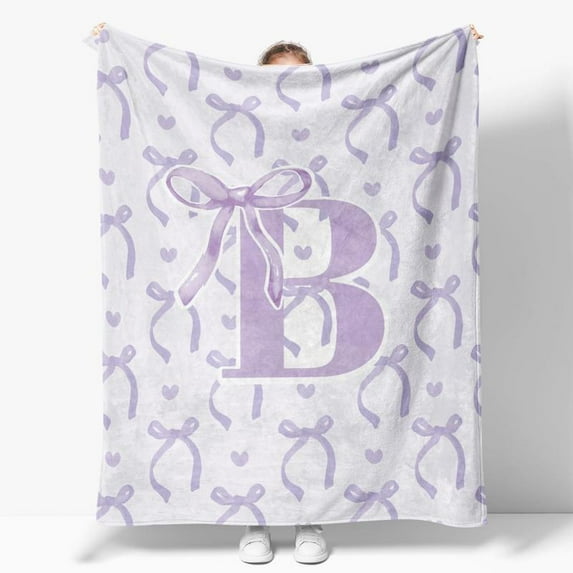 Coquette Pink Bow Throw Blanket, Personalized Initial S Fluffy Flannel Blanket for Women, Custom Monogram Gift for Daughter, Teens, Girls, 50x60 Inches