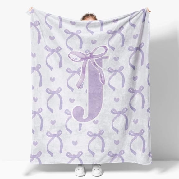 Coquette Pink Bow Throw Blanket, Personalized Initial S Fluffy Flannel Blanket for Women, Custom Monogram Gift for Daughter, Teens, Girls, 50x60 Inches