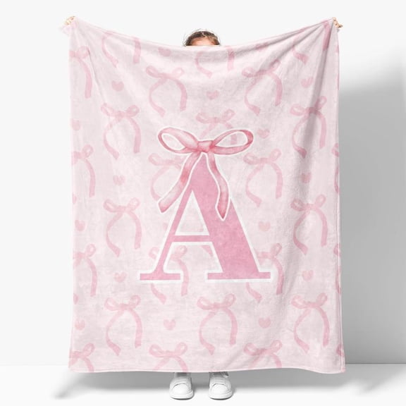 Coquette Pink Bow Throw Blanket, Personalized Initial S Fluffy Flannel Blanket for Women, Custom Monogram Gift for Daughter, Teens, Girls, 50x60 Inches