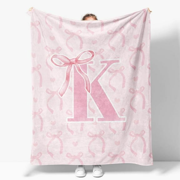 Coquette Pink Bow Throw Blanket, Personalized Initial S Fluffy Flannel Blanket for Women, Custom Monogram Gift for Daughter, Teens, Girls, 50x60 Inches