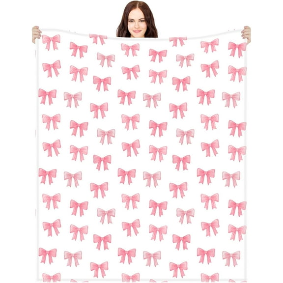 Coquette Pink Bow Throw Blanket Pink Bow Ribbon Winter Farmhouse Blanket Couch Sofa Soft Warm Bed Blankets for Women Friends Gifts, 50 x 60 Inch(Pink Bow)
