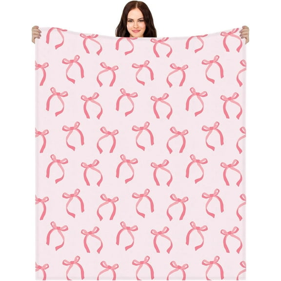 Coquette Pink Bow Throw Blanket – Trendy Ribbon Blanket – Cozy Winter Farmhouse Decor