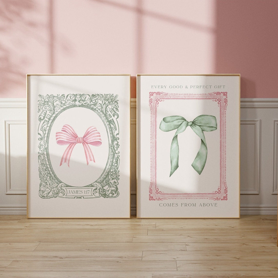 Coquette Pink Bow Wall Art Christian Bible Verse Prints Set 2 Stretched ...