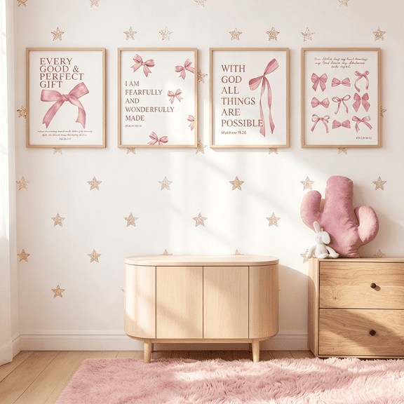 Coquette Pink Bow Wall Art Decor Posters, Pink Bow Christian Room Bathroom Bedroom Dorm Wall Art Decor Aesthetic for College Teen Girls Gifts, Inspirational Bible Verses Bow Wall Decor, 10x8