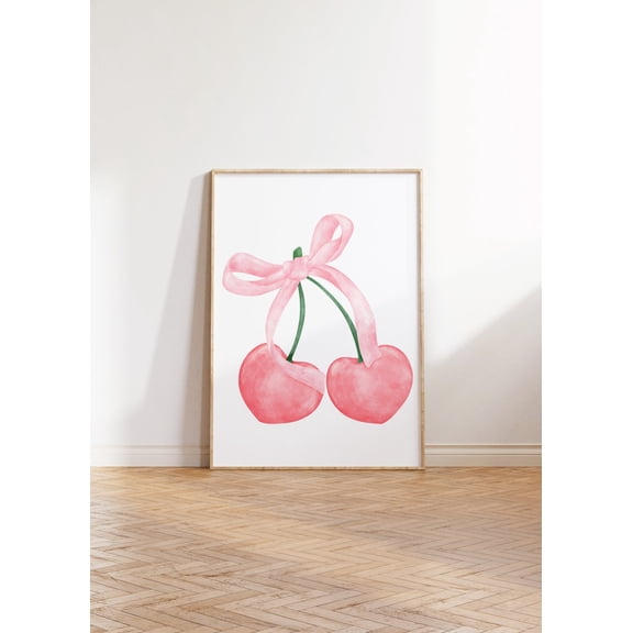 Coquette Pink Bow and Cherry Wall Art Feminine Decor, Unframed Paper Print Size 8x12