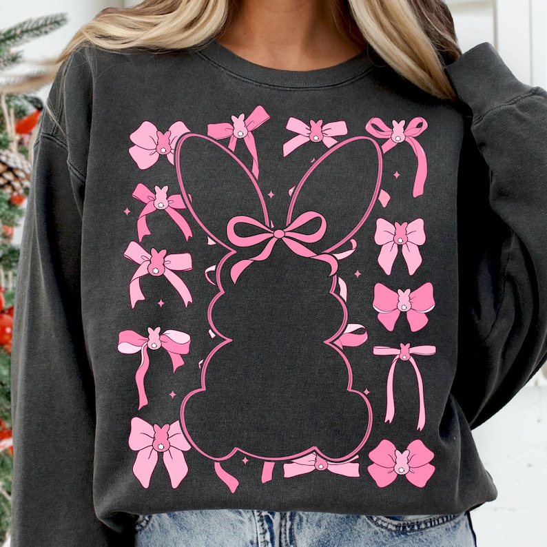 Coquette Pink Bows Bunny Silhouette Aesthetic Ribbon Graphic Spring Tee ...