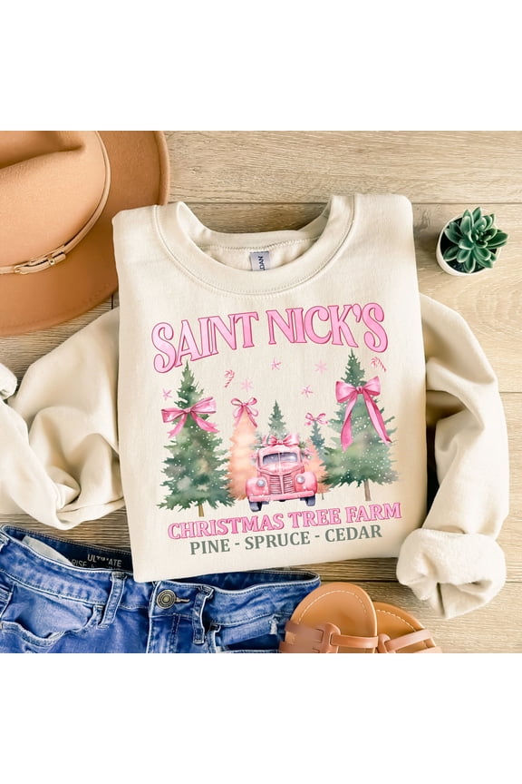 Coquette Pink Christmas Png, Saint Nicks Christmas Tree Farm Png, Pink Bow Christmas Png, Trendy Santa Png, Christmas Sublimation, Cute X-mas Sweatshirt