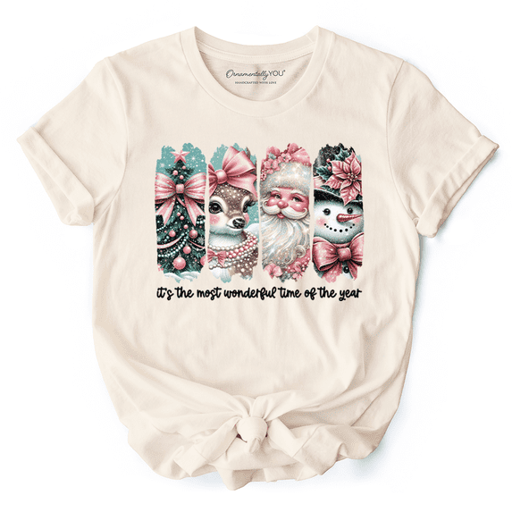 Coquette Pink Christmas T‑Shirt, It's The Most Wonderful Time Of The Year Vintage Tree, Reindeer, Santa and Snowman Tee