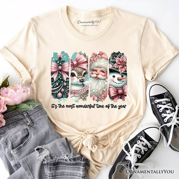 Coquette Pink Christmas T‑Shirt, It's The Most Wonderful Time Of The Year Vintage Tree, Reindeer, Santa and Snowman Tee