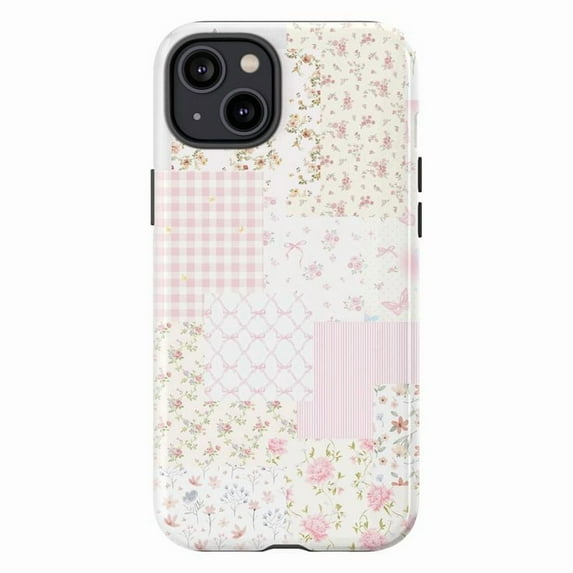 Coquette Pink Patchwork Phone Case, Cute Floral Gingham Bow Aesthetic Design for iPhone 17 16 15 14 13 12 11 Pro Plus Mini