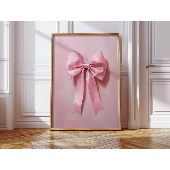 Coquette Pink Ribbon Bow Print, Peach Background, Unframed Paper Poster 24x36in