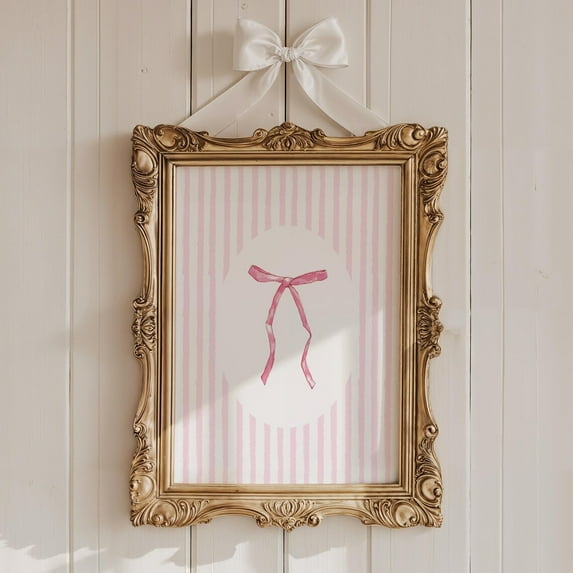 Coquette Pink Ribbon Wall Art, Vintage Nursery Striped Print, Elegant Vintage Bow Aesthetic, Soft Cottagecore Pastel Home Decor Wall Art, Modern Wall Decor, 24x36 UNFRAMED