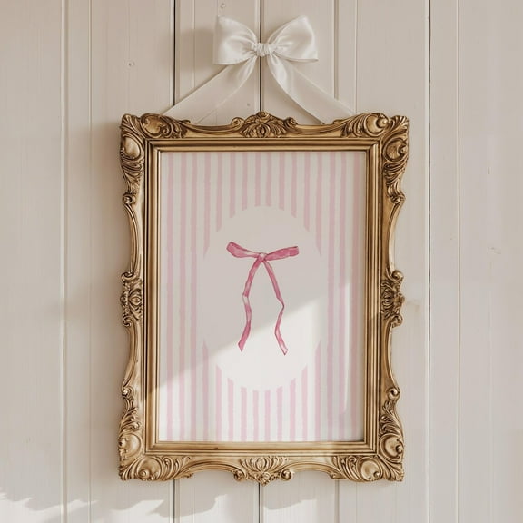 Coquette Pink Ribbon Wall Art, Vintage Nursery Striped Print, Elegant Vintage Bow Aesthetic, Soft Cottagecore Pastel Home Decor Wall Art, Modern Wall Decor, 8x12 UNFRAMED