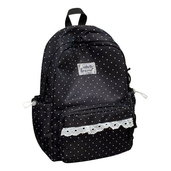 Coquette Polka Dot Backpack, Black Aesthetic Bookbag, Kawaii Casual Daypack with Heart Lace Trim, Large Capacity Laptop Daypack with Multiple Pockets, Lightweight Travel Rucksack for Women
