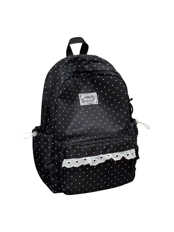Coquette Polka Dot Backpack, Black Aesthetic Bookbag, Kawaii Casual Daypack with Heart Lace Trim, Large Capacity Laptop Daypack with Multiple Pockets, Lightweight Travel Rucksack for Women