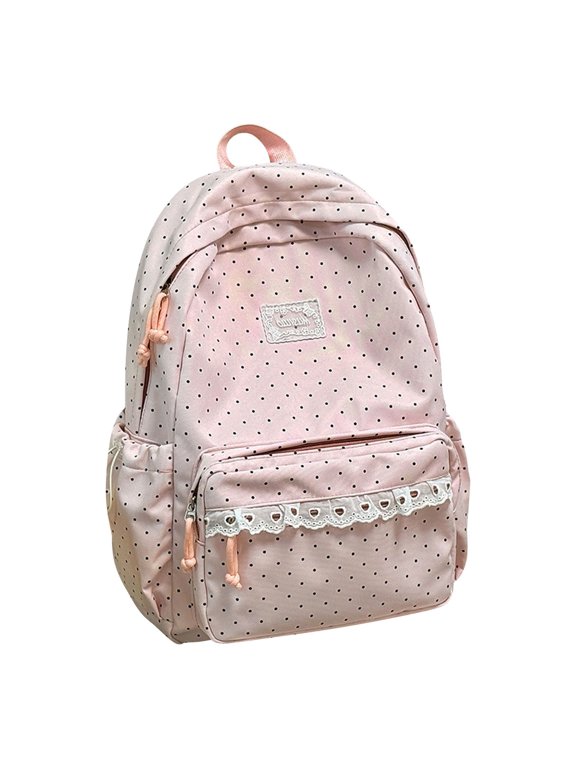 Coquette Polka Dot Backpack, Pink Aesthetic Bookbag, Kawaii Casual Daypack with Heart Lace Trim, Large Capacity Laptop Daypack with Multiple Pockets, Lightweight Travel Rucksack for Women