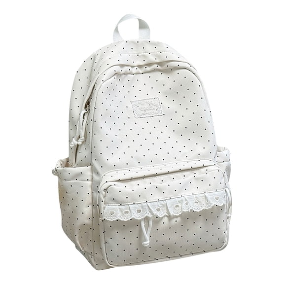 Coquette Polka Dot Backpack, White Aesthetic Bookbag, Kawaii Casual Daypack with Heart Lace Trim, Large Capacity Laptop Daypack with Multiple Pockets, Lightweight Travel Rucksack for Women