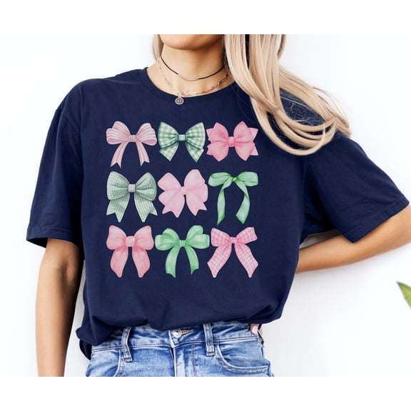 Coquette Preppy Pink and Green Bow Shirt, Soft Girl Era TShirt, Cute Preppiness Tee, Trendy Girly Girl, Ribbons Cottagecore Aesthetic All Size S-5Xl