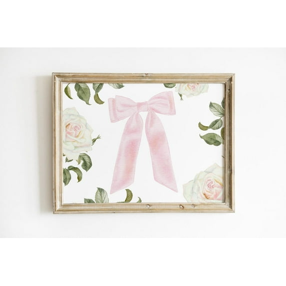 Coquette Roses Print, Pink Bow Wall Art, Horizontal Vintage Girly Wall Art For Nursery/Bedroom, Or Home Decor #2299, 12x18 UNFRAMED