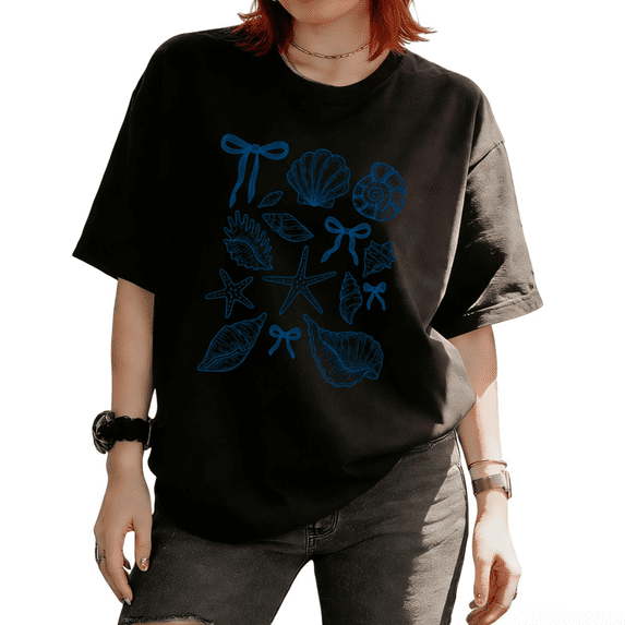 Coquette Seashell Starfish Bow Graphic Nautical Beach Graphic Tees T-shirt Tops Short Sleeve Round Neck Black S-5XL