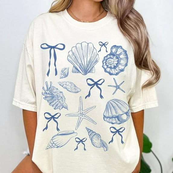 Coquette Seashell T-Shirt Beach Coastal Summer Vibes Vintage Summer Girls Trip Retro Summer Shirt